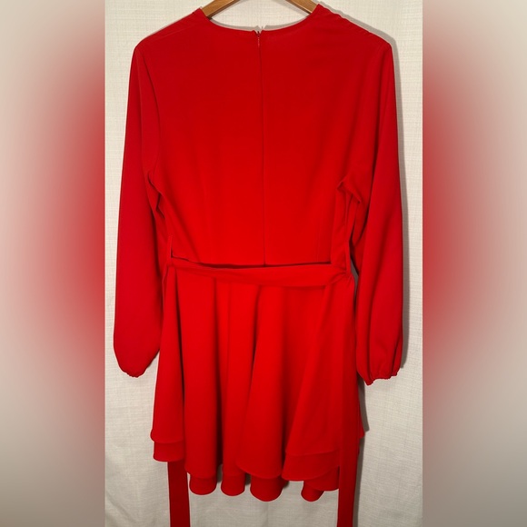 NEW Bonkwa Tiered Ruffle Hem Wrap V Neck Tie Waist Long Sleeve Red Dress Large - Picture 8 of 14